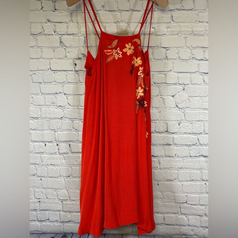 Free People Flower Fields Orange Embroidered Floral Strappy Boho Shift Dress S
